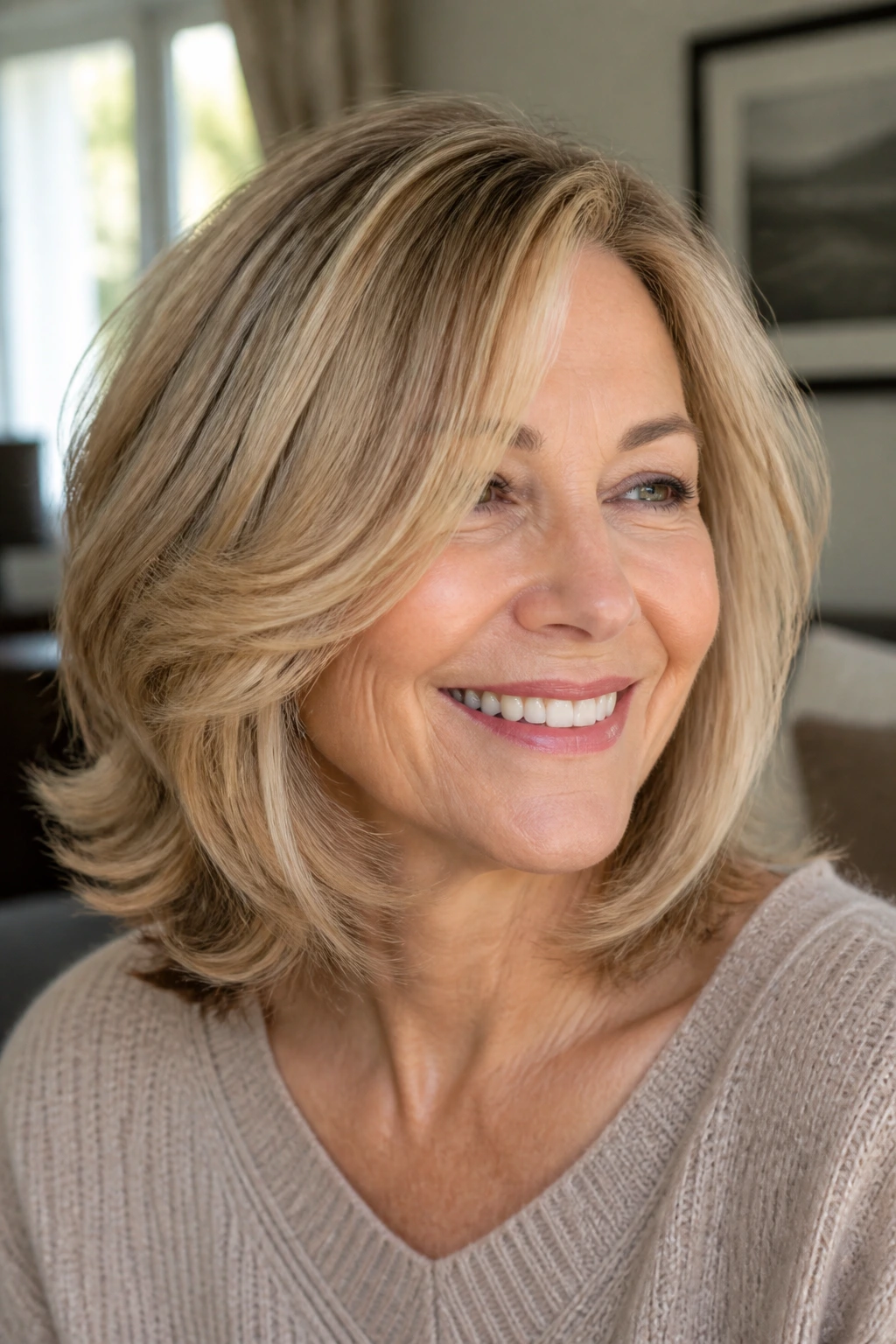Close-up portrait of a real woman with an elegant layered haircut showing movement at the ends