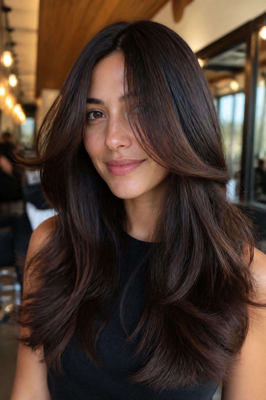 Portrait of a woman with thick, long layered hair showing movement in the front layers.