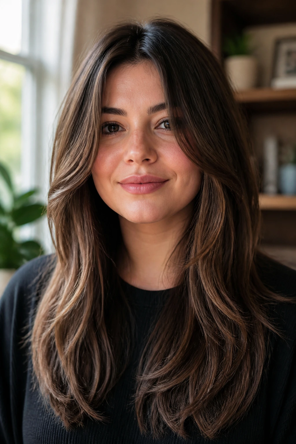 Close-up portrait of a real woman with long layered hair creating a vertical elongating line on a round face