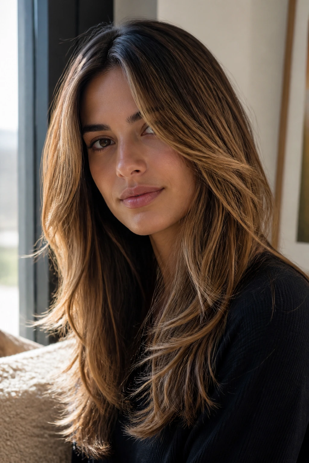 Real woman with long layered hair showing front pieces and shape in daylight