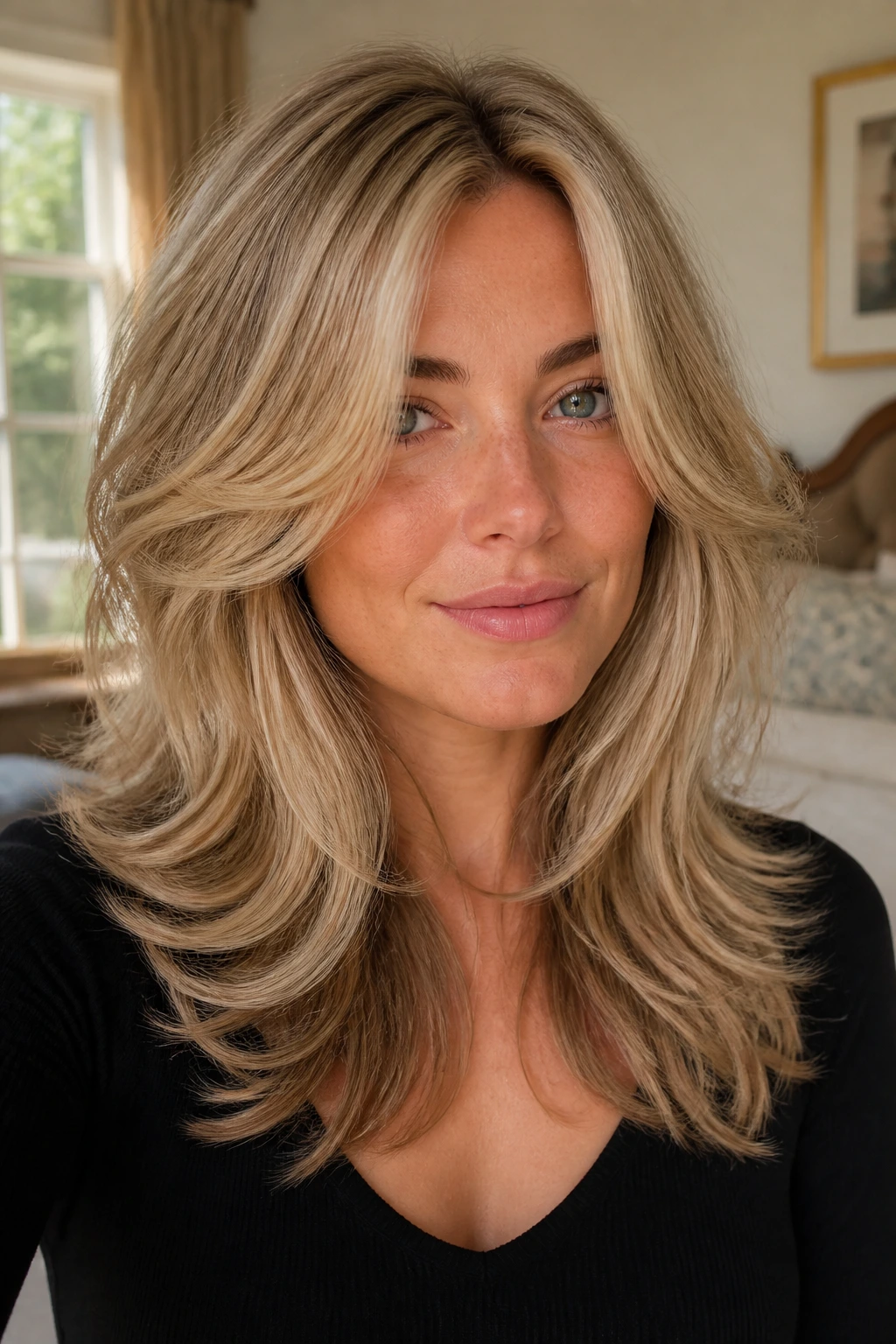 Close-up of a real woman with thick layered hair highlighting balanced mid-lengths.