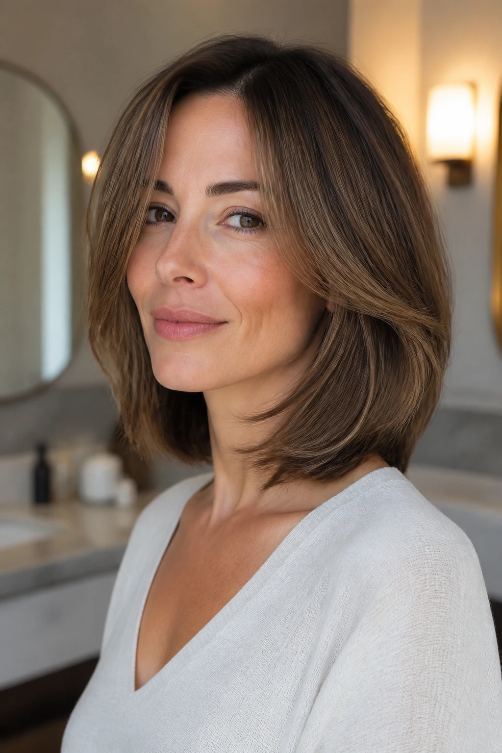 Portrait of a real person with cheekbone-length layered hair