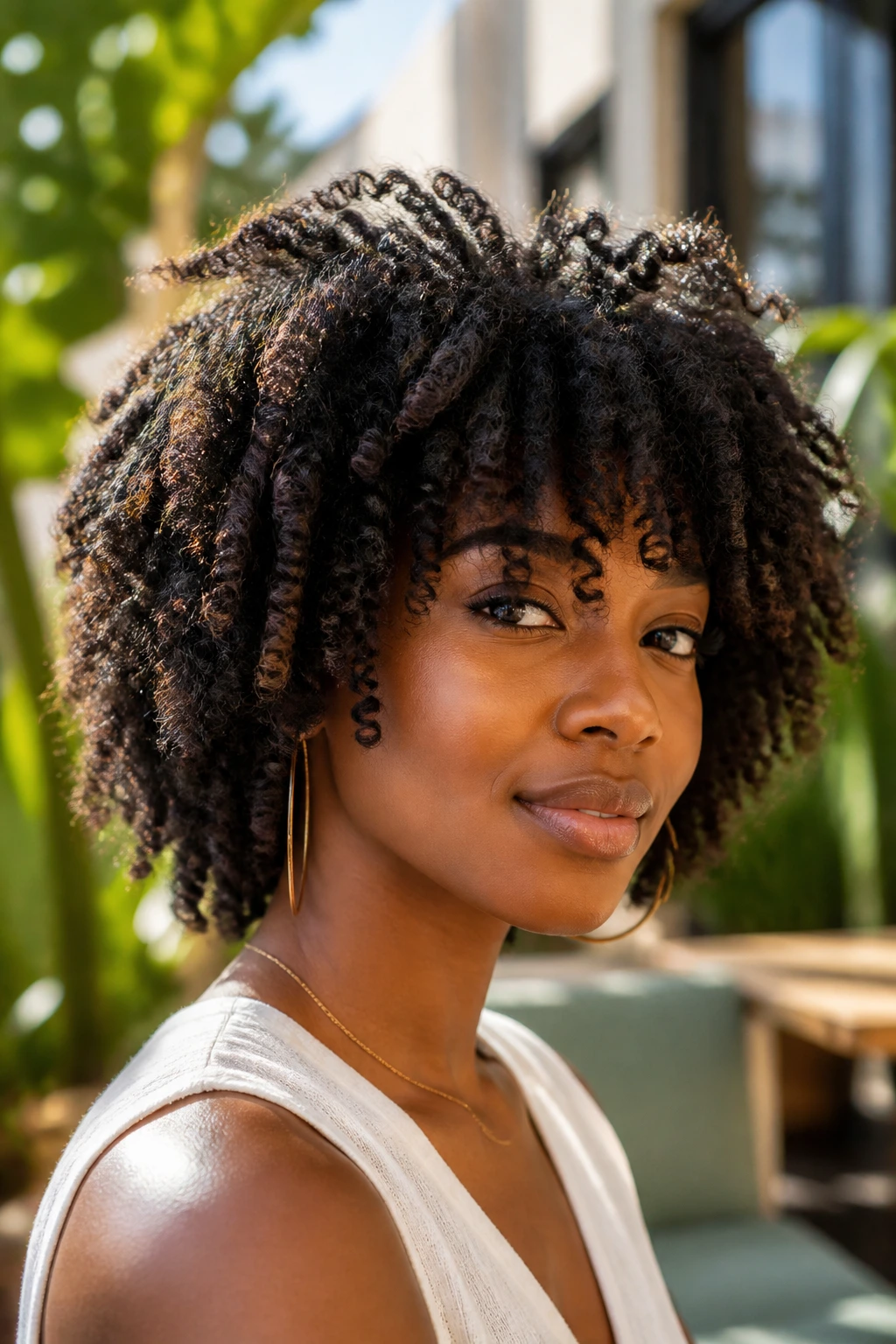 Close-up portrait of a real Black woman with layered hair ready for twist-outs and wash-and-gos.