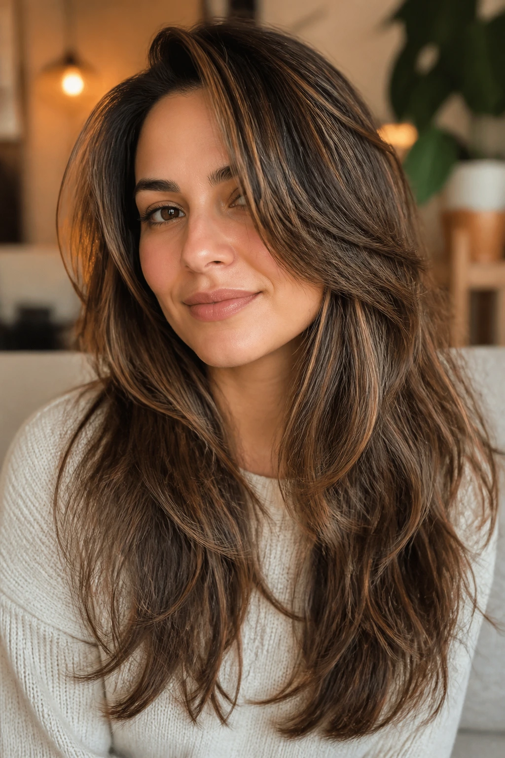 Real woman with long layered hair showing texture variations in a warm home setting