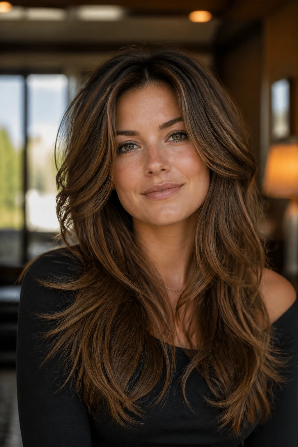 Portrait showing versatile long layered hair with different styling adaptations.