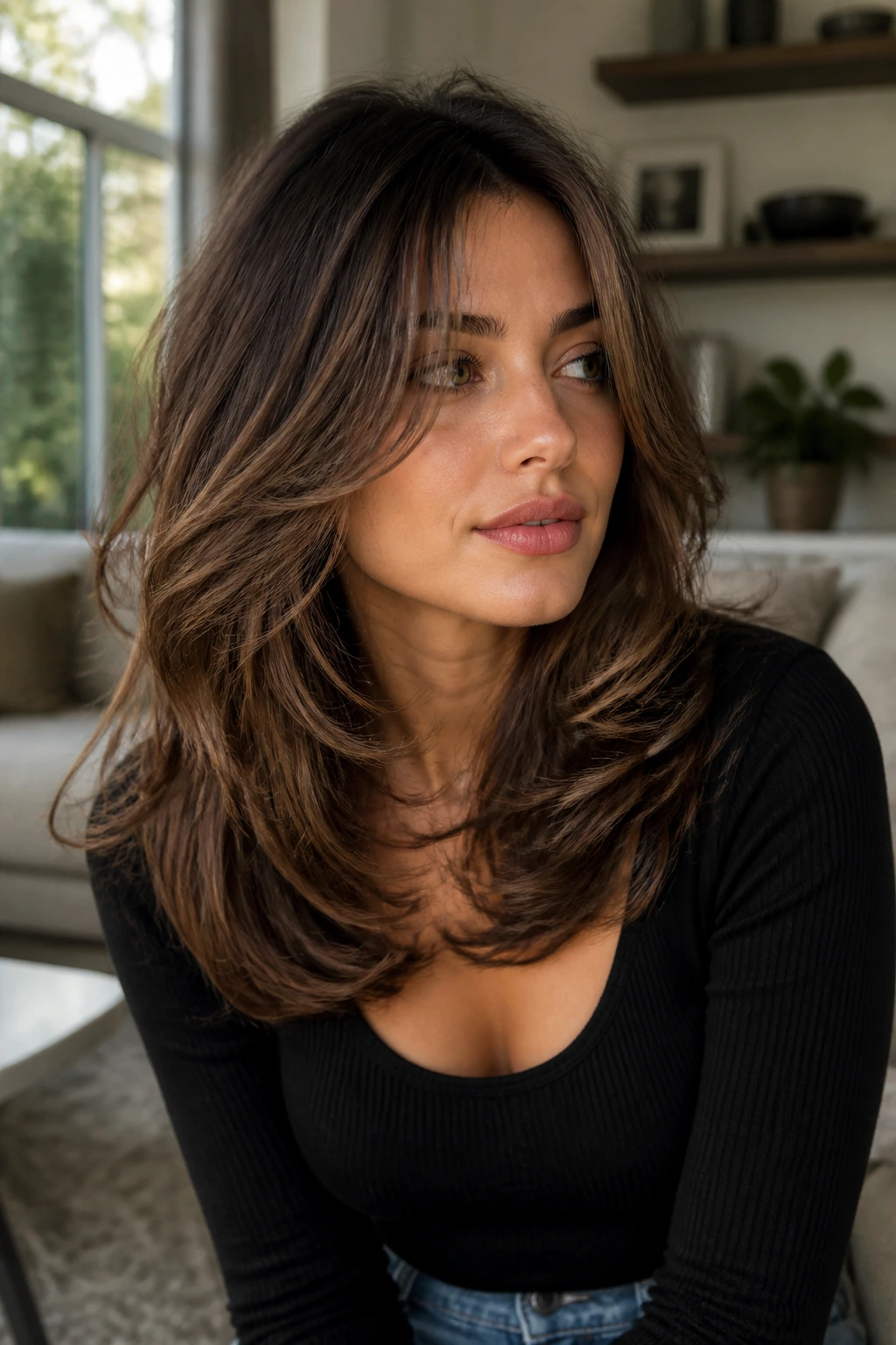 Portrait of a real woman with versatile thick layered hair showing face-framing pieces