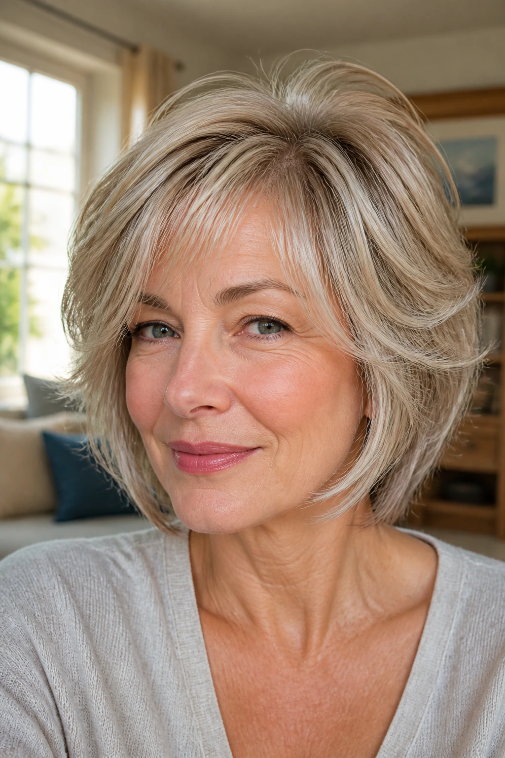 Close-up portrait of an older woman with layered hairstyle variations and crown lift in a cozy home setting.