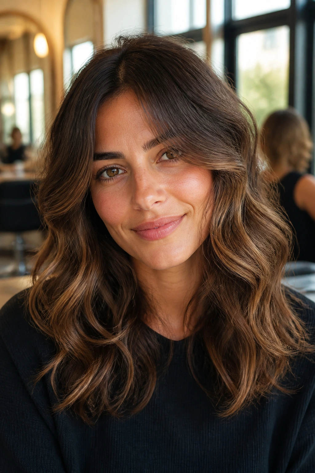 Close-up portrait of a real woman with layered wavy hair in a salon setting