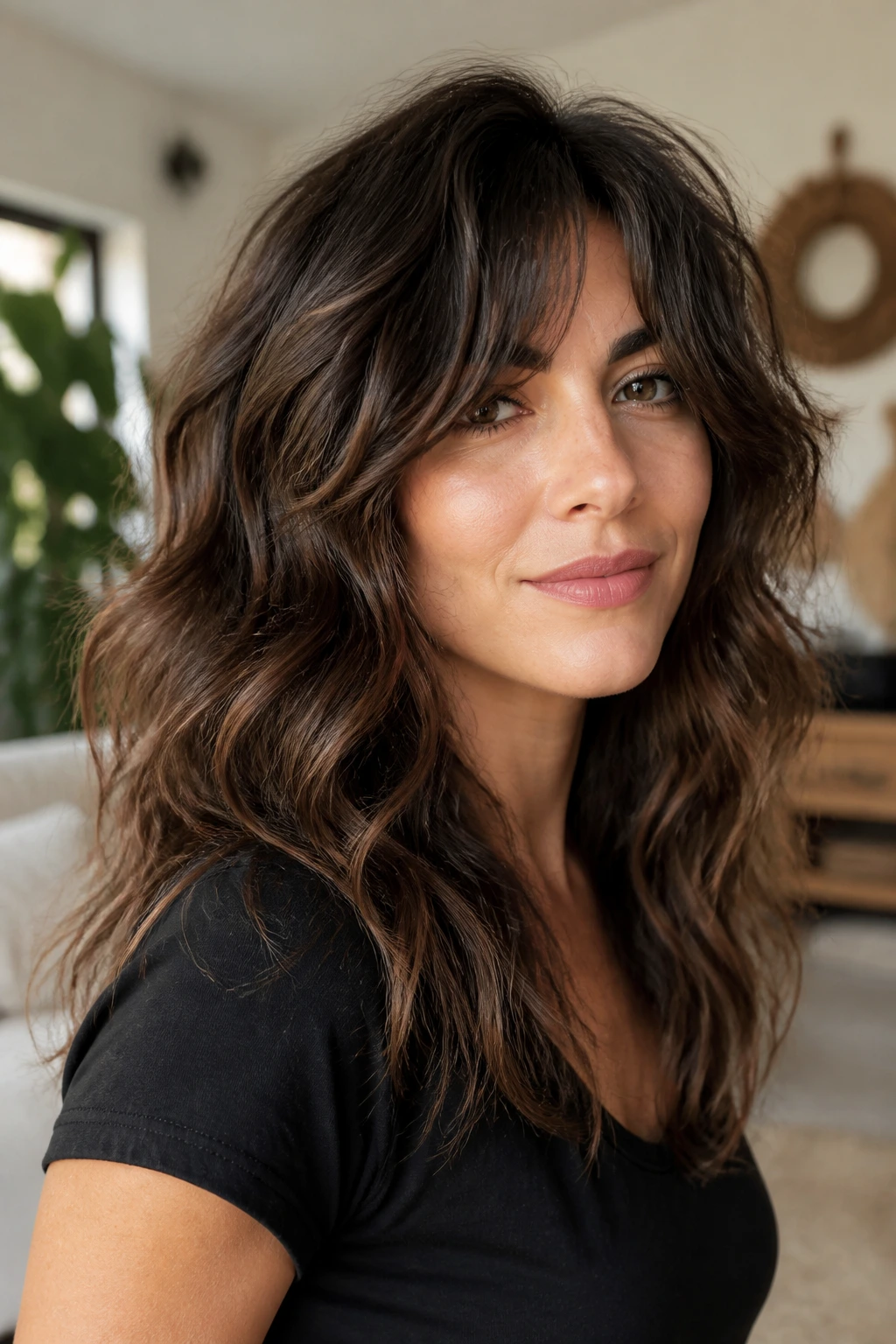 Close-up of a real woman with layered wavy hair showcasing movement and face framing