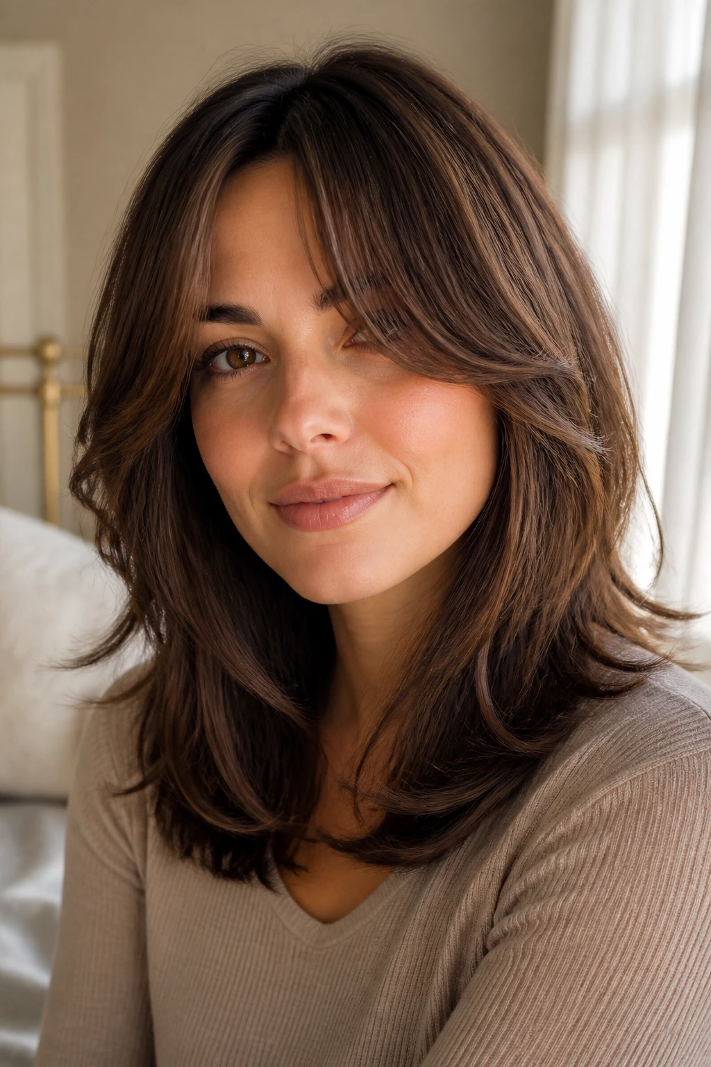 Close-up of a real woman with layered haircut and long curtain fringe in soft natural light