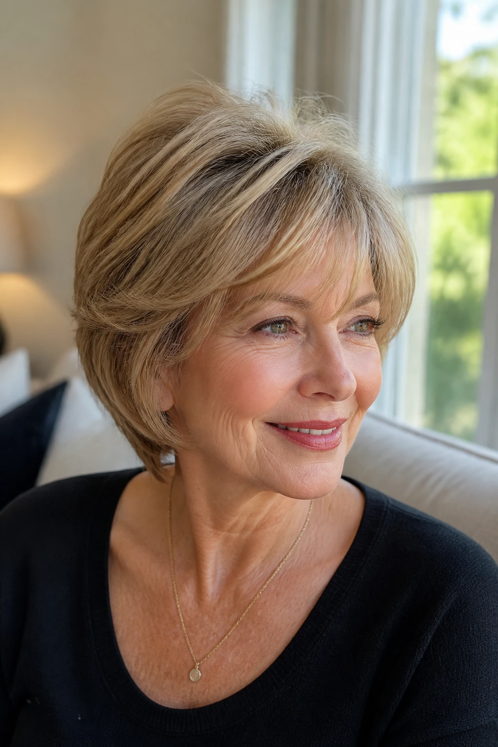 Close-up portrait of a real woman with layered haircut showing crown lift and face framing.