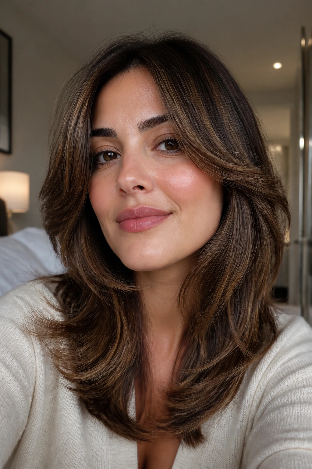 Portrait of a real woman with defined face-framing layers staying sharp between trims