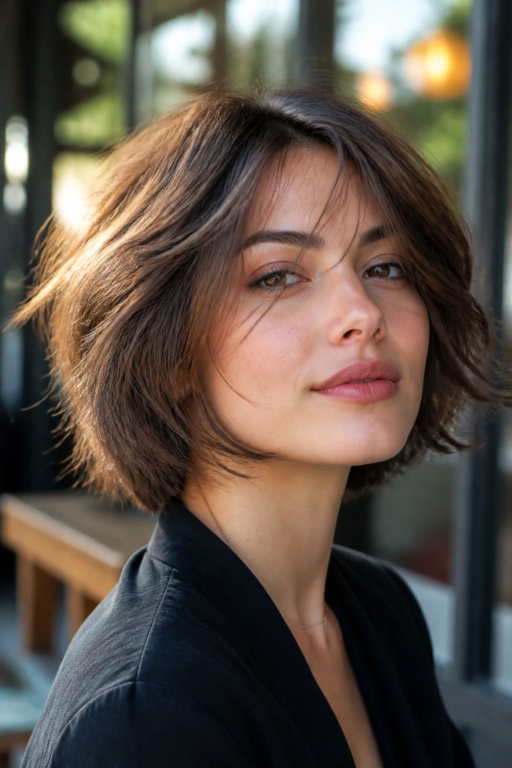 Close-up portrait of a real woman with a layered textured bob showing movement