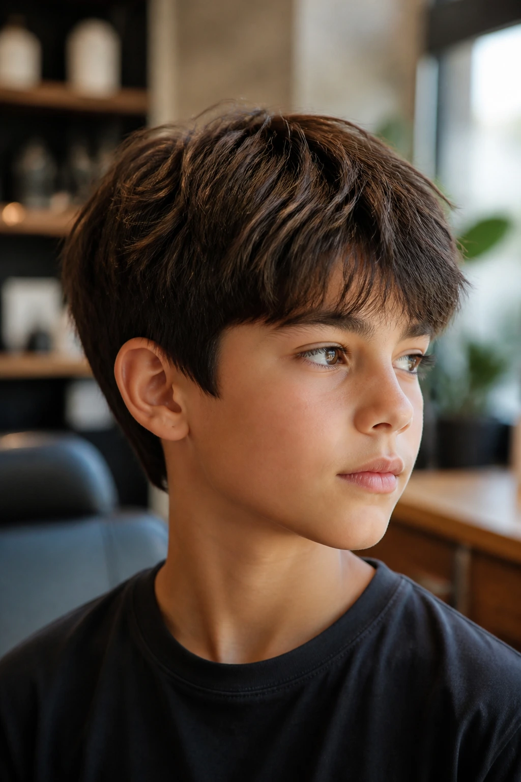 Close-up portrait of a real boy with layered hair having a natural finish