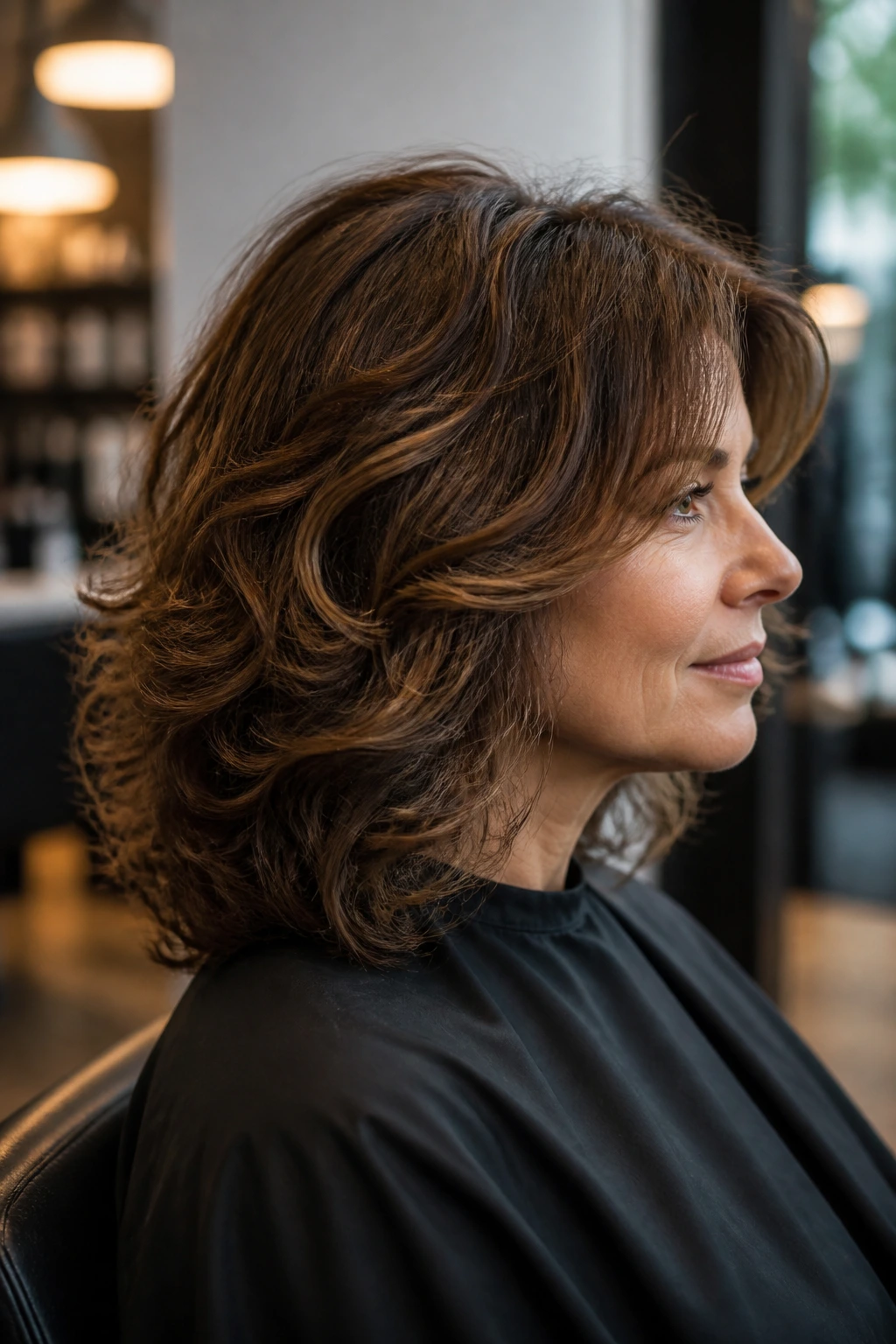 Portrait of a woman in a salon chair with layered haircut