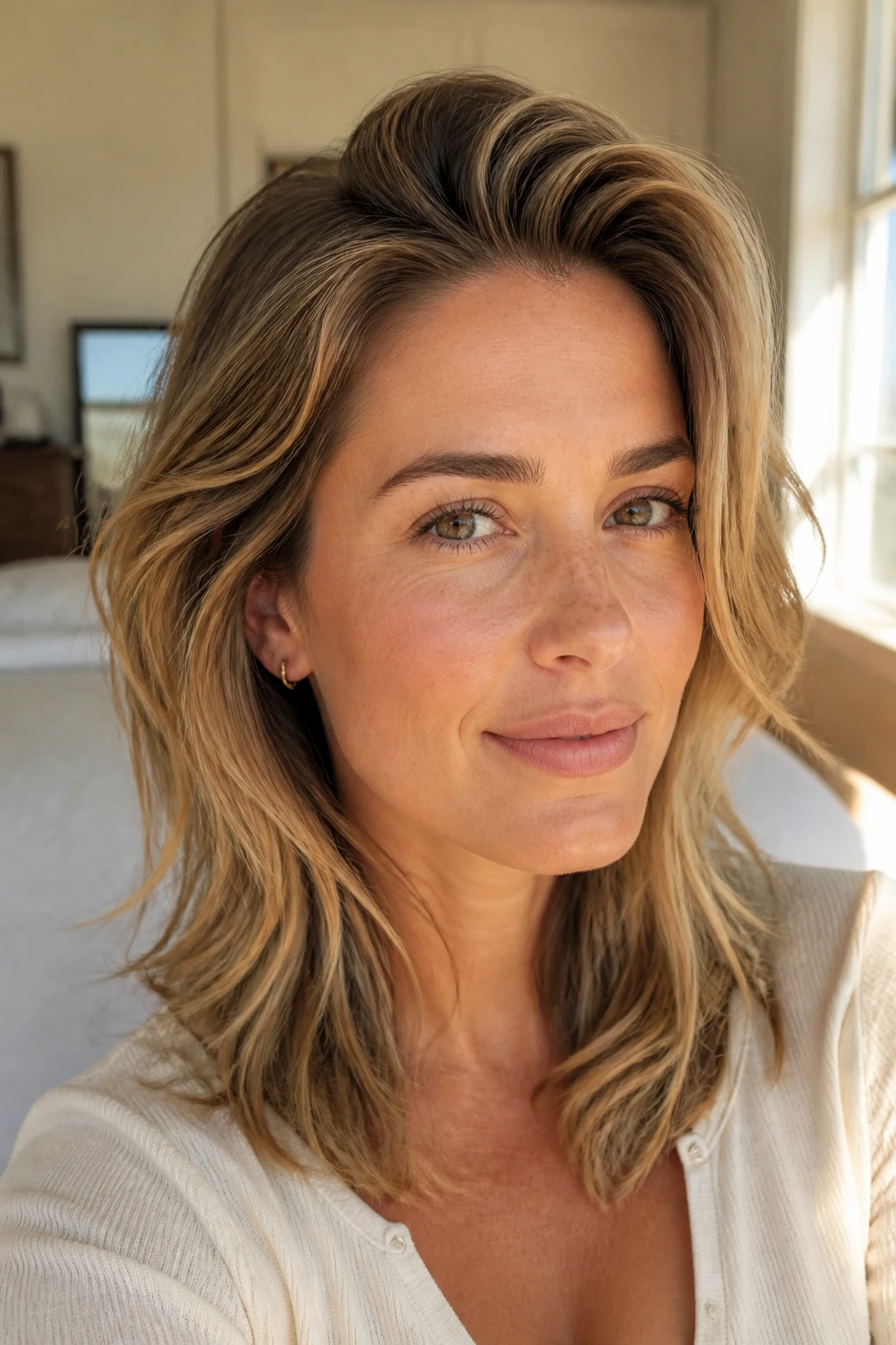 Close-up portrait of a real woman with swept-back front pieces in a layered mid-length cut.