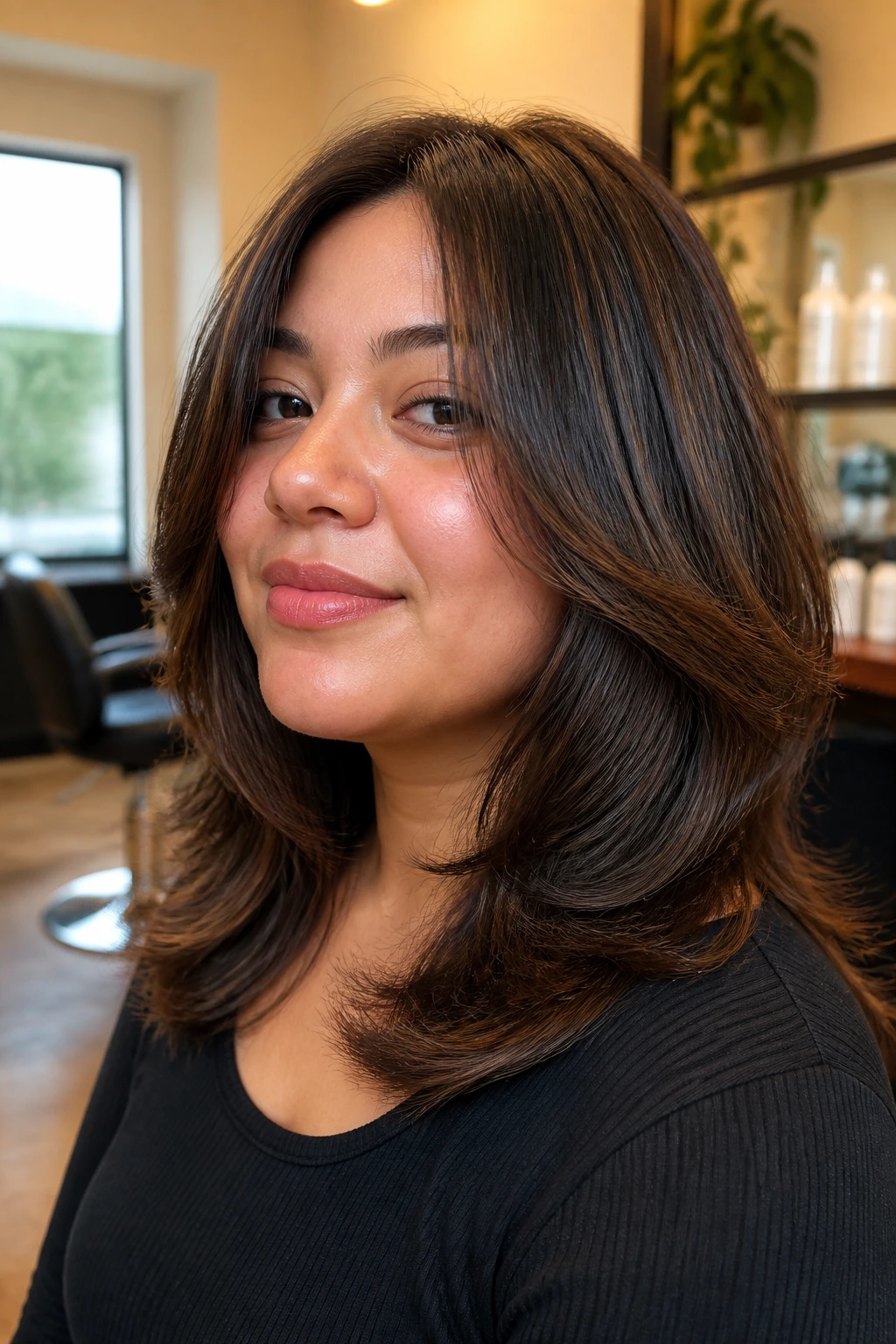 Close-up portrait of a real person with a medium-long layered haircut that elongates the face.