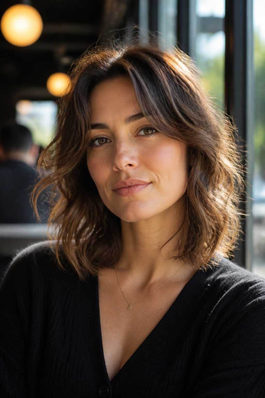 Portrait of a woman with a layered haircut showing crown lift and softened jawline in a sunlit cafe.