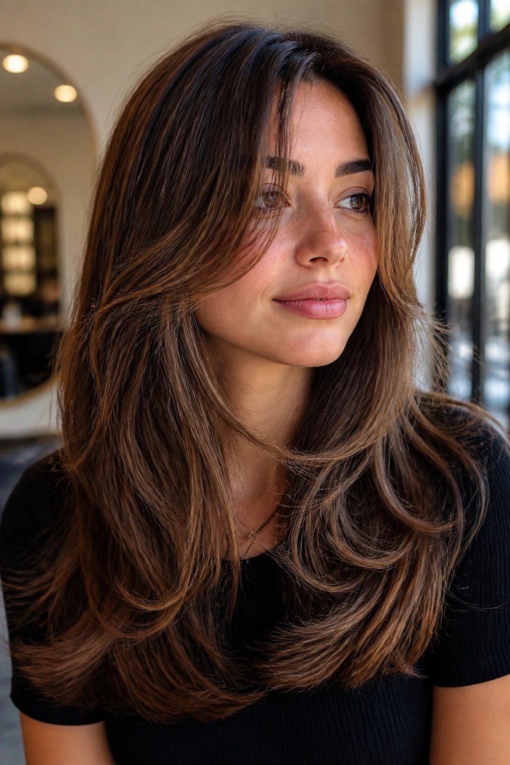 Close-up of a real woman with long layered hair showing face-framing layers