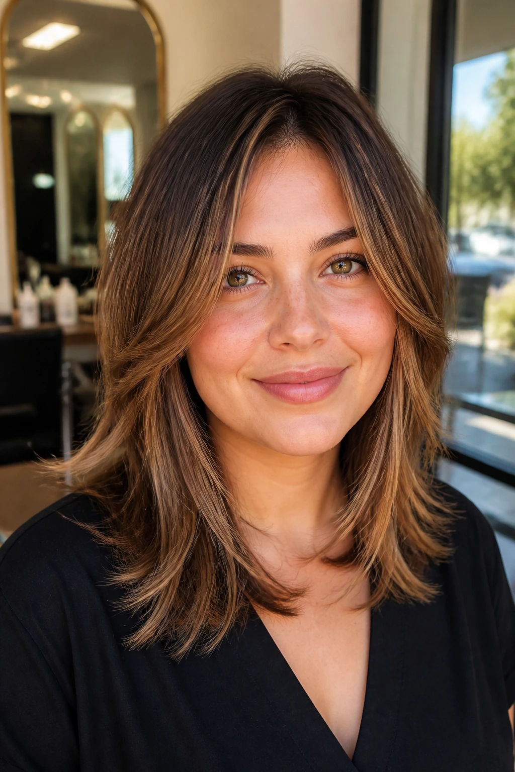Close-up portrait of a real woman with layered haircut framing the face and crown lift