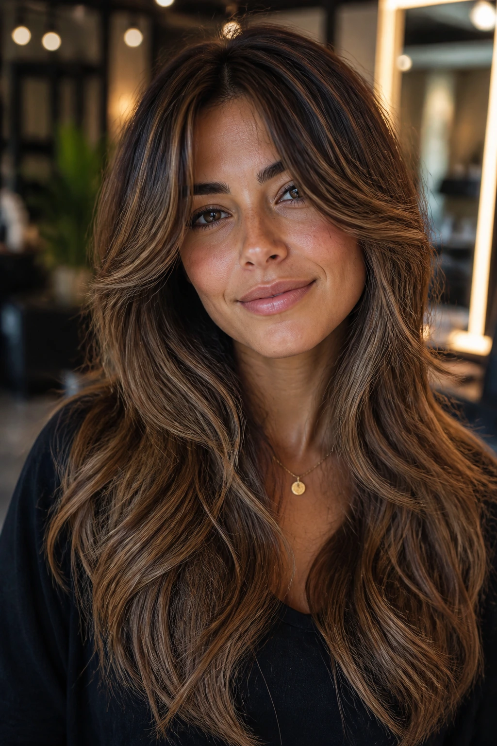 Close-up of a real woman with layered textured hair framing cheekbones in a salon setting.