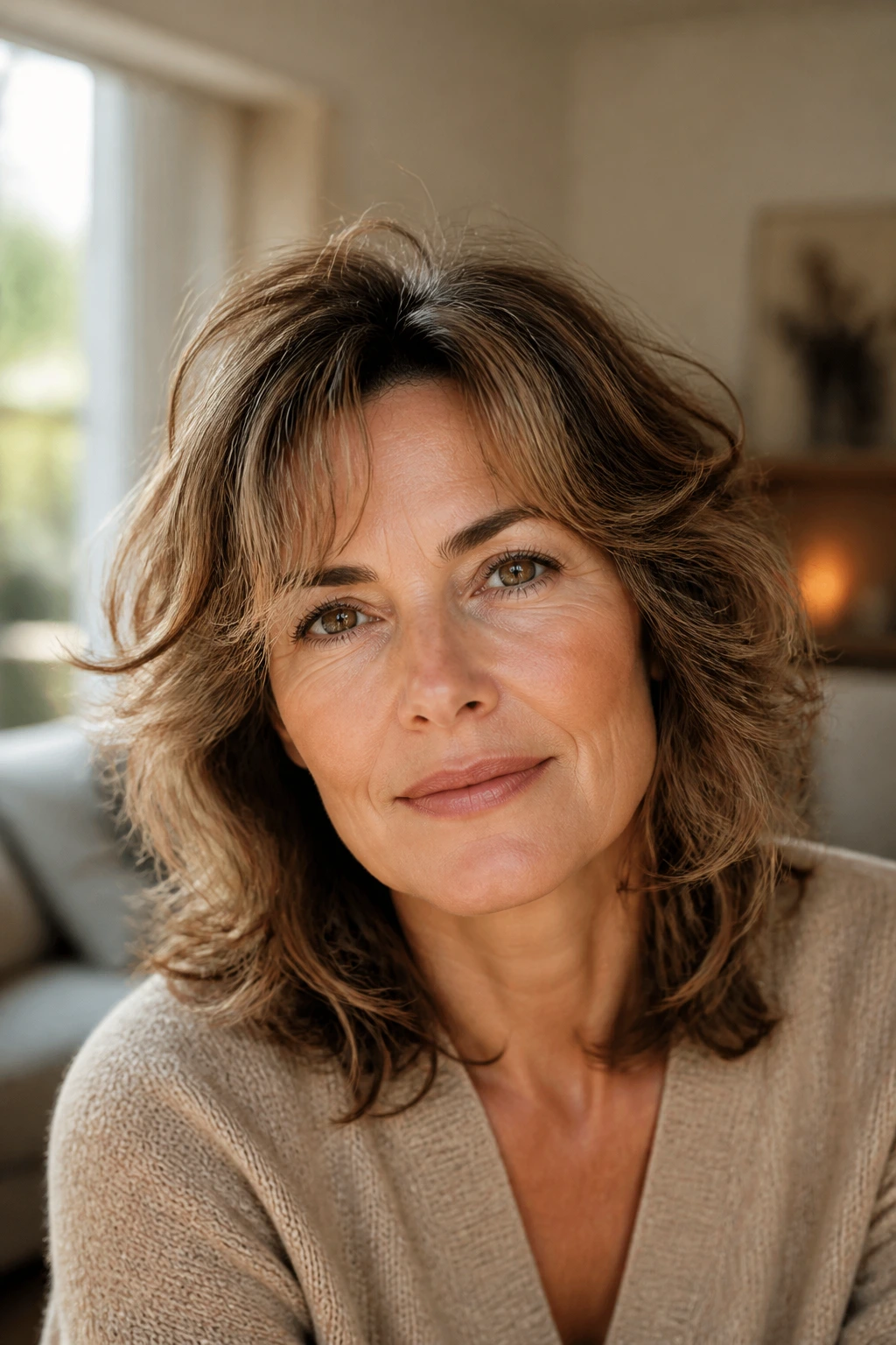 Close-up portrait of a real woman with layered wavy hair in a sunlit living room