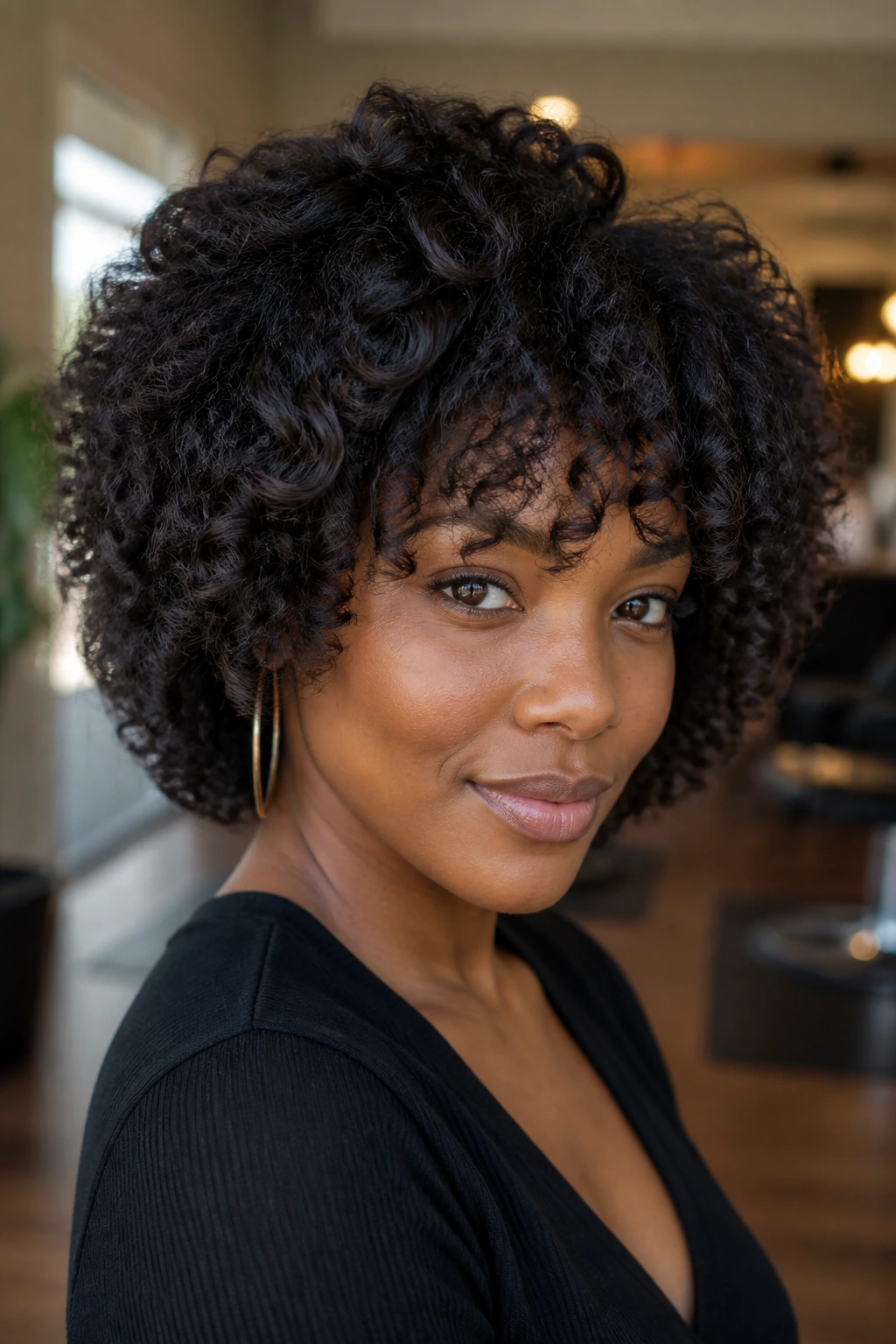 Close-up portrait of a Black woman with layered hairstyle that emphasizes shape over length