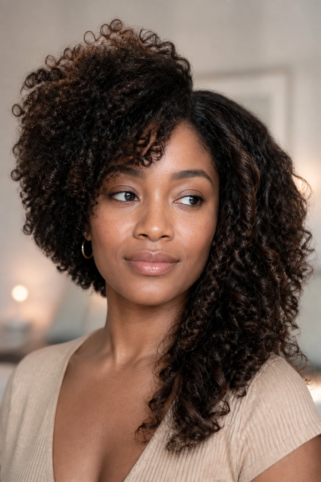 Portrait showing two hairstyle variations on a single head