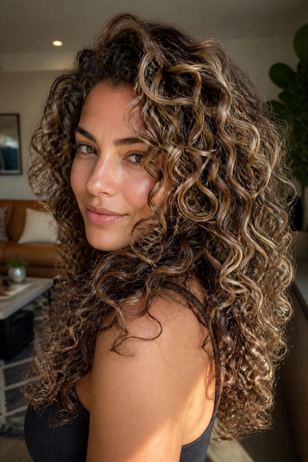 Close-up of a real woman with layered curly hair and halo lights across layers