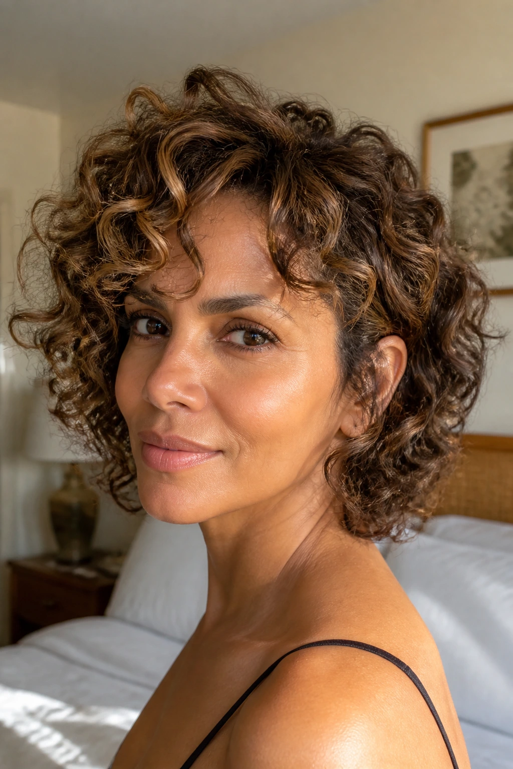 Close-up of soft layered halo curls with tucked ends behind the ear.
