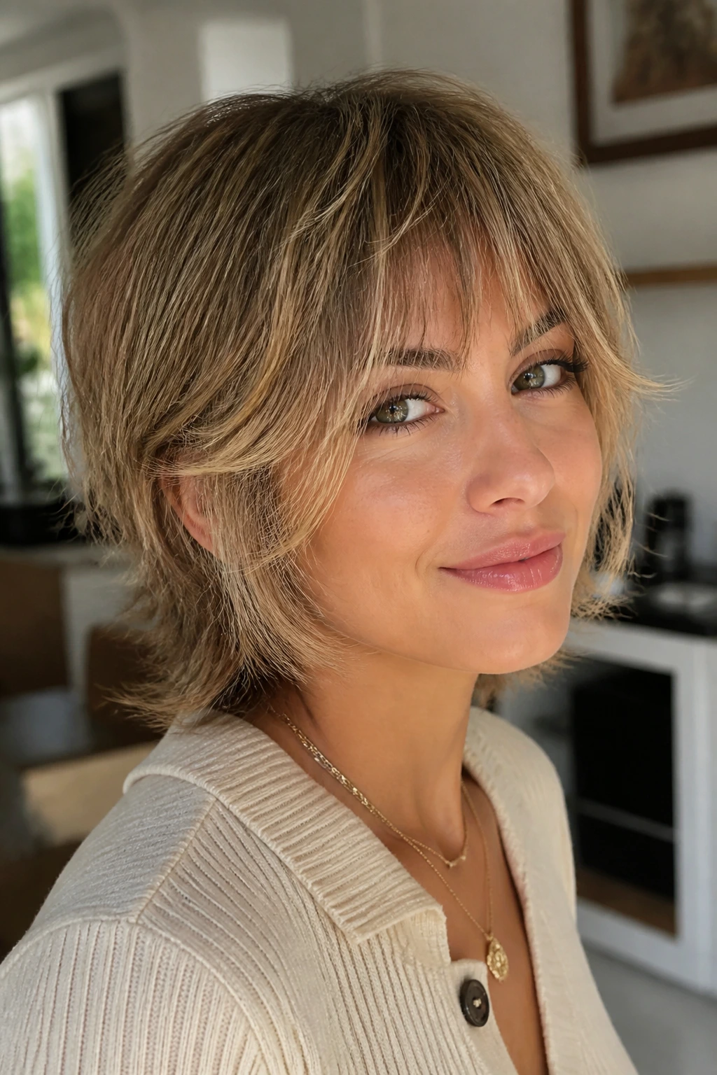 Real person with layered halo shag and face-opening sides