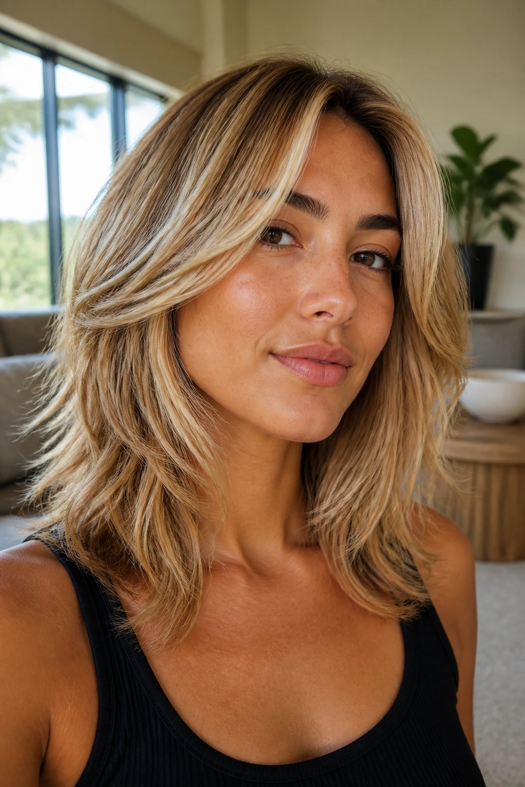 Portrait of a real woman with layered honey-blonde hair in bright room