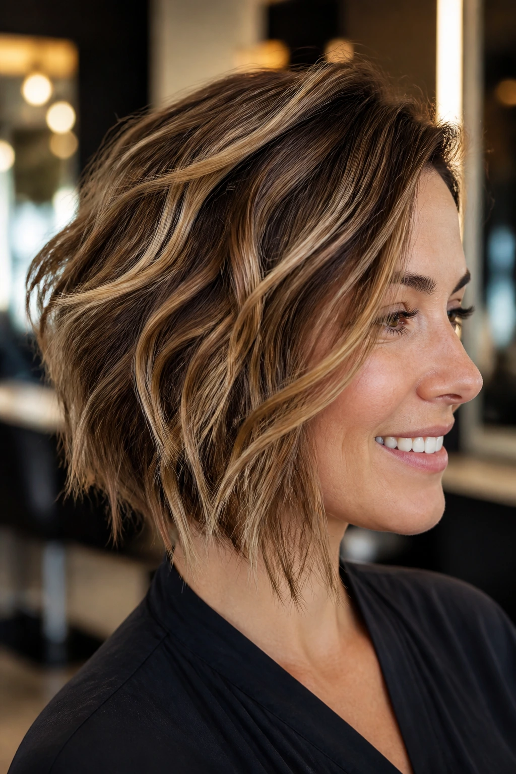 Close-up of real person with Piecey Layered Inverted Bob showing separated ends and caramel highlights