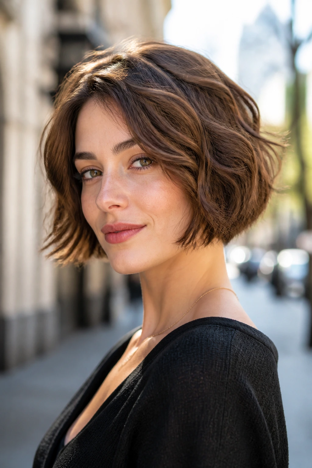 Portrait of a real woman with layered jawline bob showing internal texture and waves