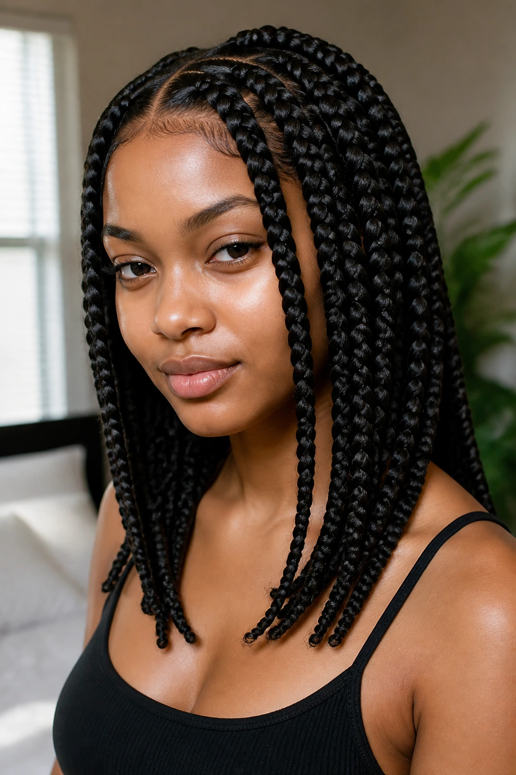 Portrait of layered-length jumbo braids on a real person.