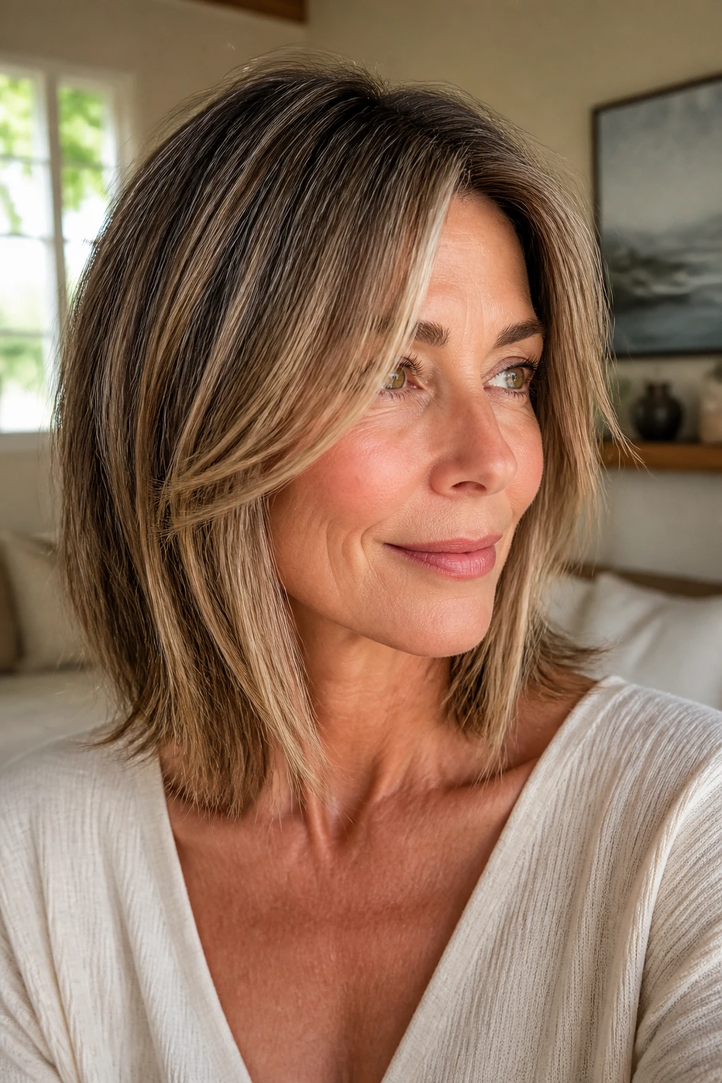 Close-up of a real woman with layered lob and sun-kissed babylights