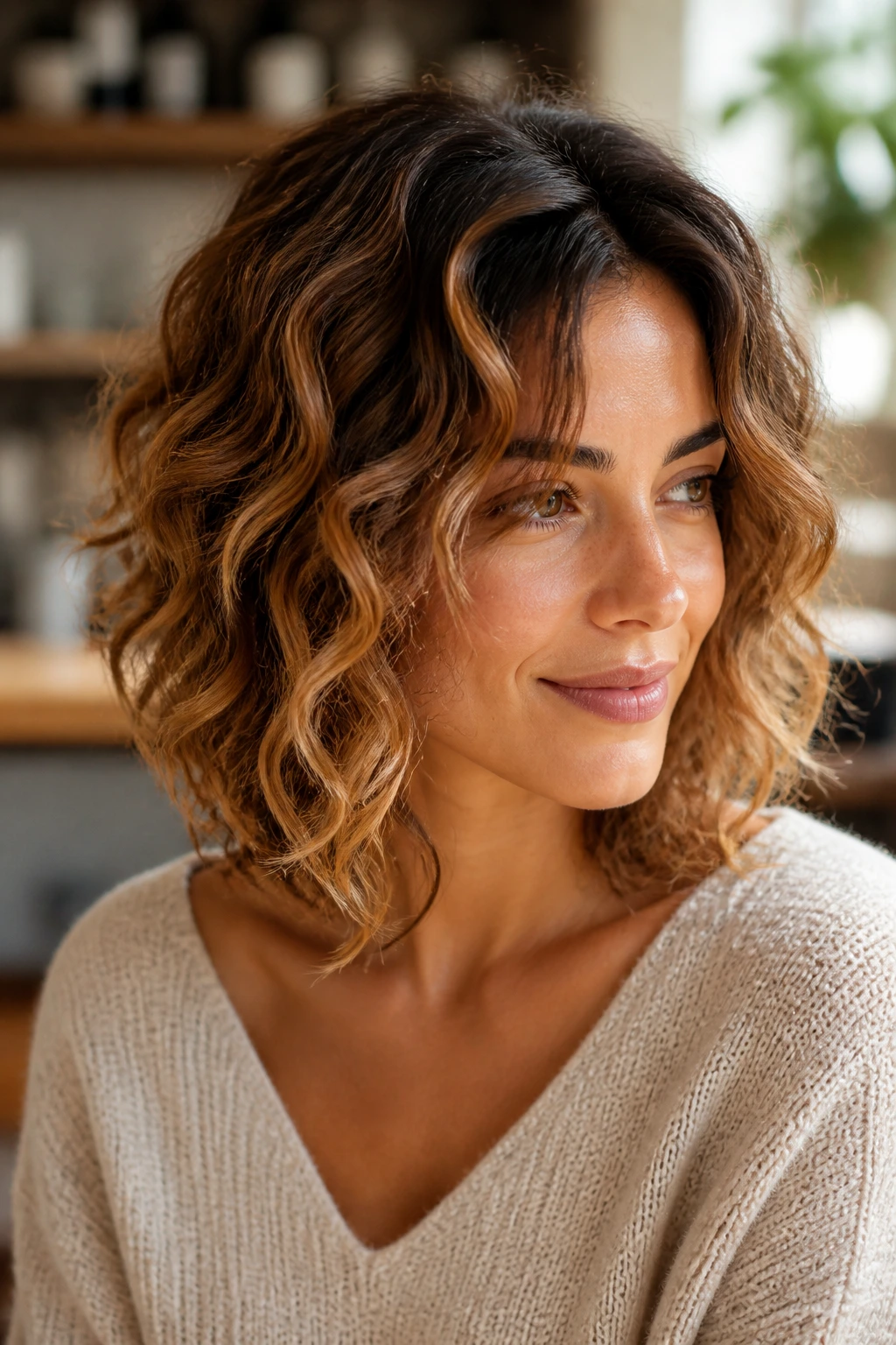 Close-up of a real woman with layered lob and warm caramel balayage