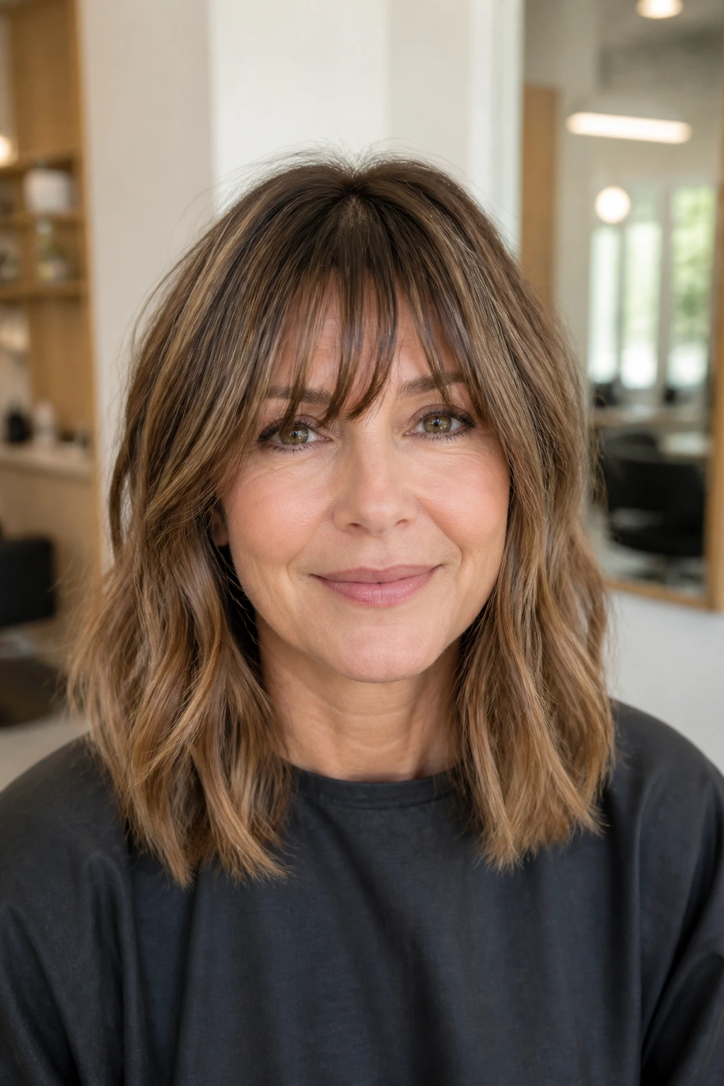 Close-up of real woman with layered lob bangs blending into the lob