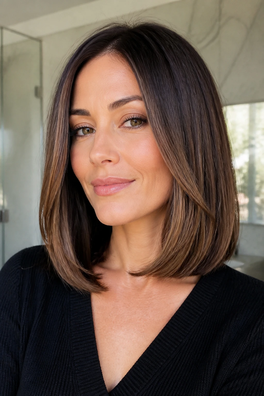 Shoulder-length layered lob with bent ends on a real person.
