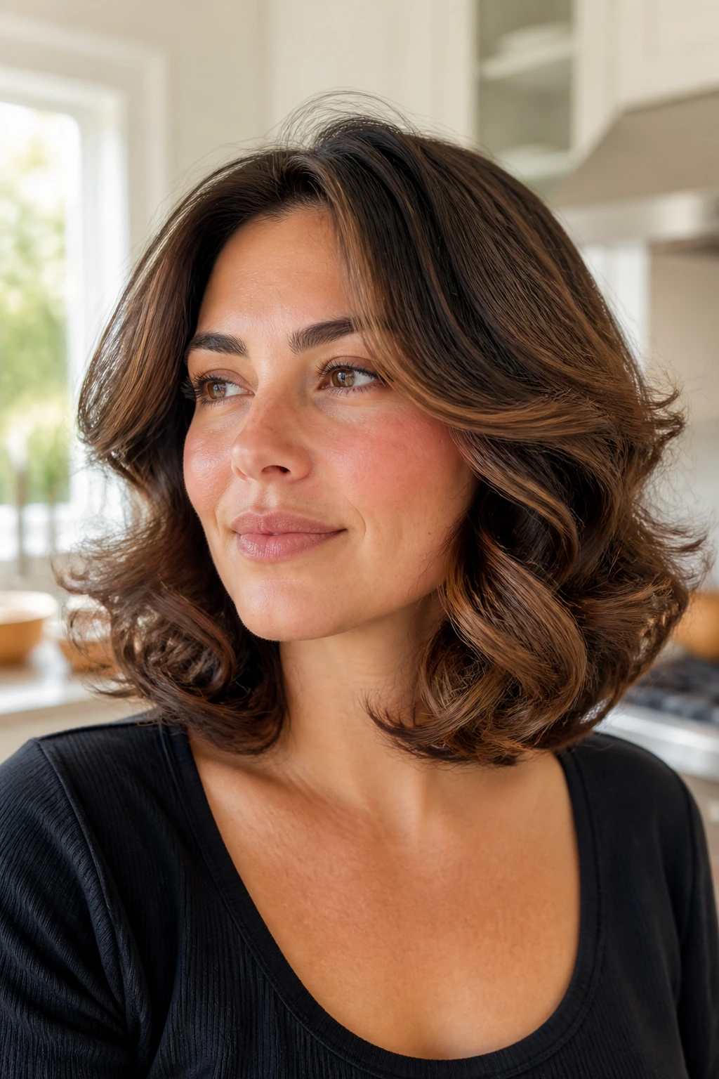 Close-up of a real woman with Layered Lob With Big Barrel Curls filling the frame