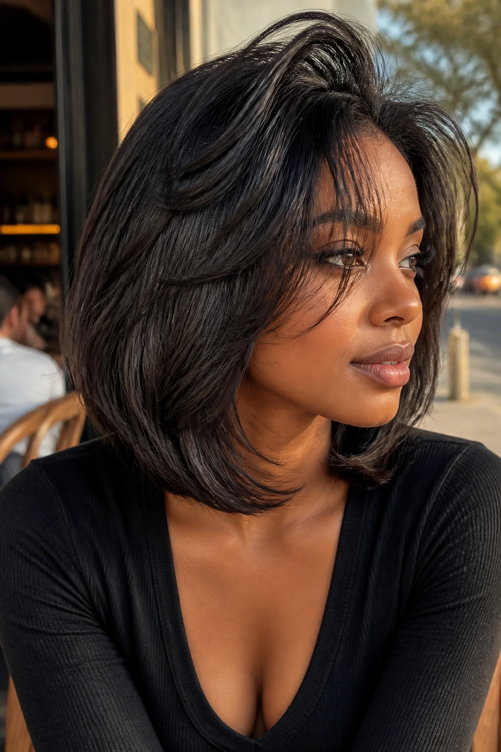 Close-up of a Black woman's layered lob highlighting crown layers.