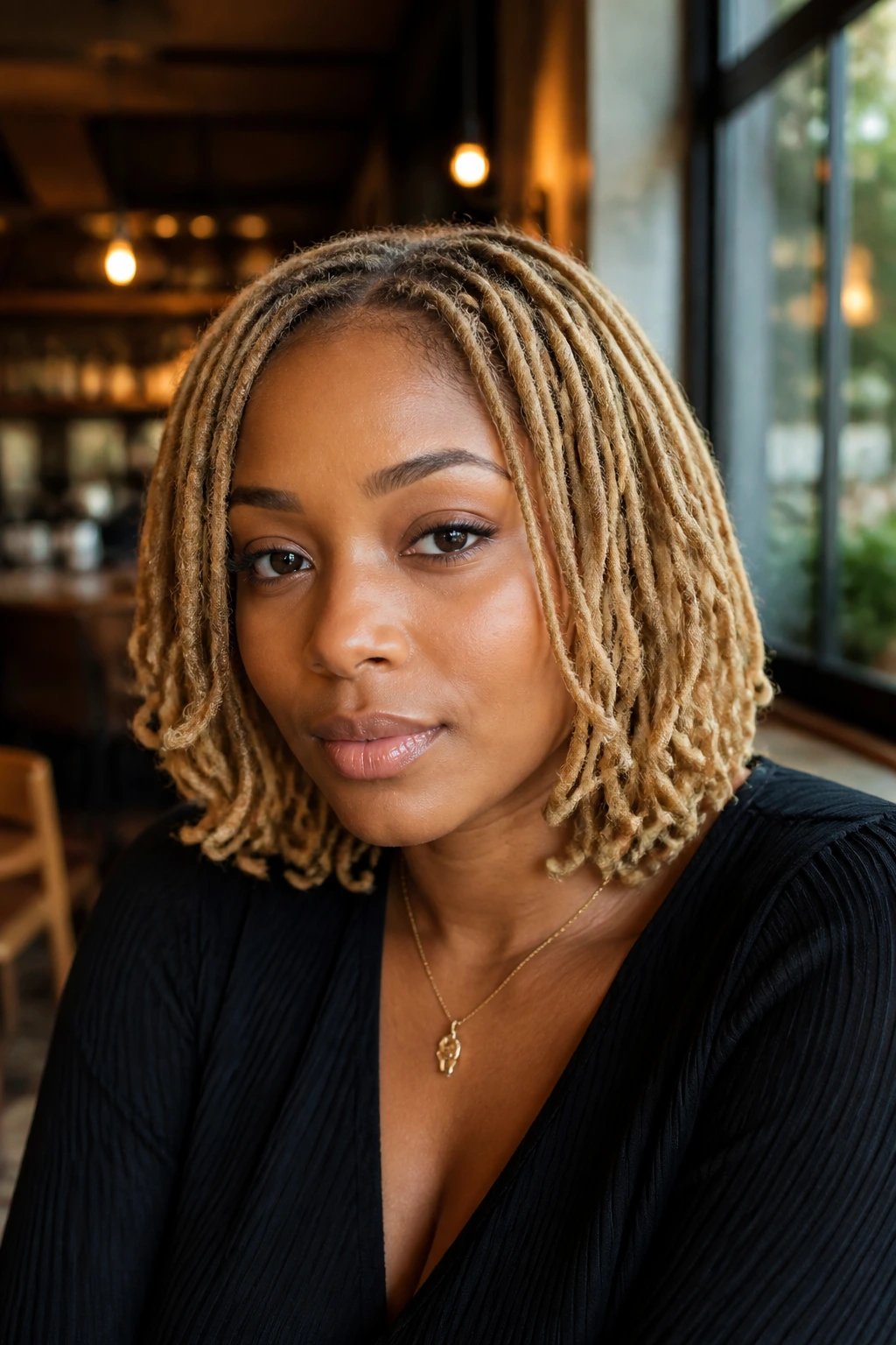 Real Black woman layered blonde locs with curled ends portrait