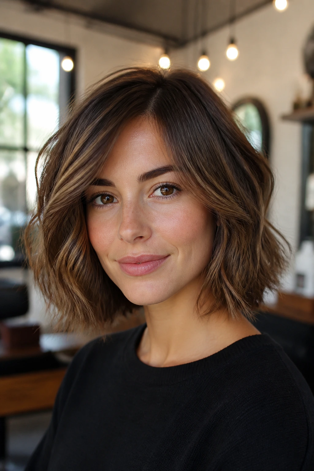 Portrait of a woman with layered lob bob in a salon setting