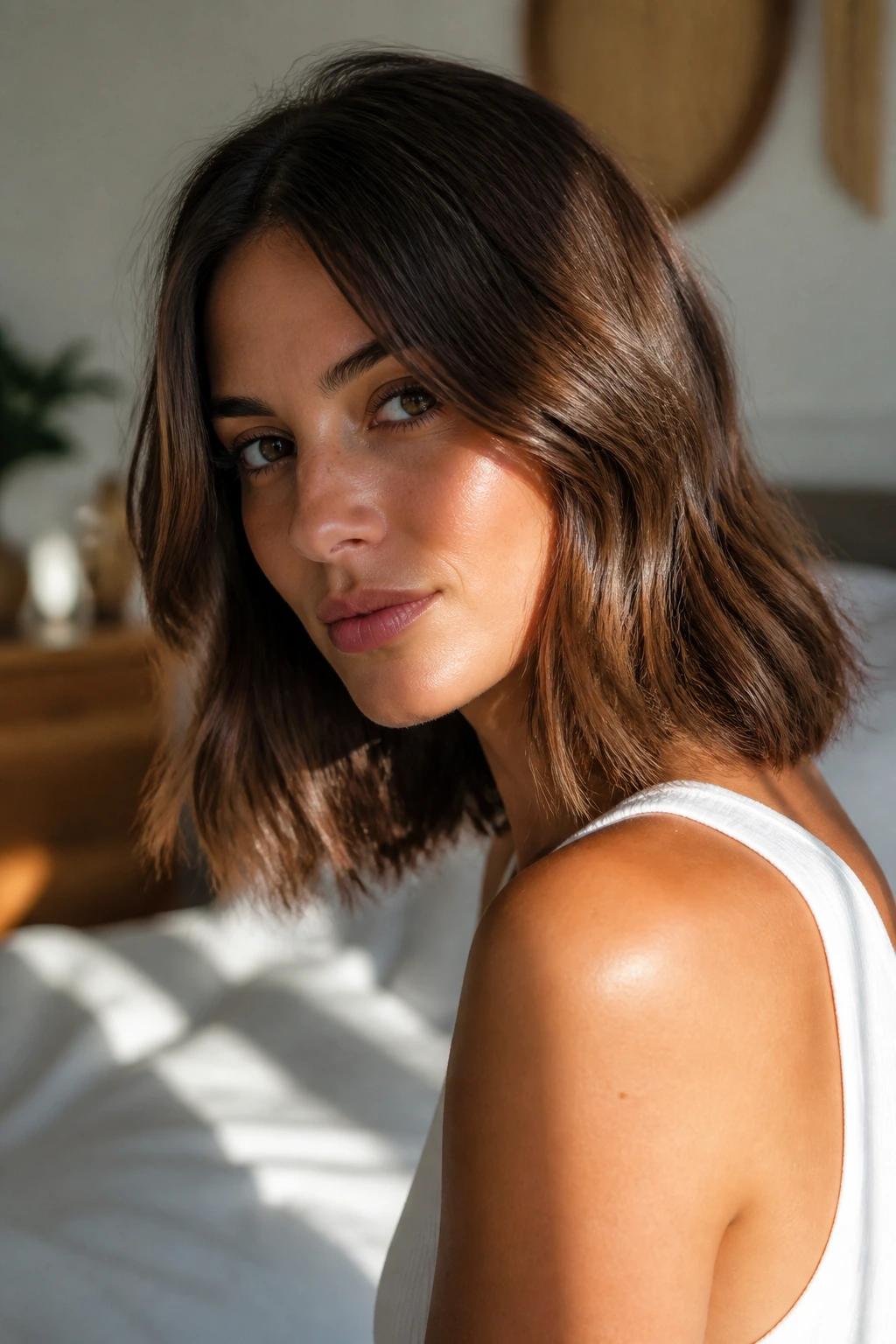 Chestnut layered lob on brunette in sunlit room