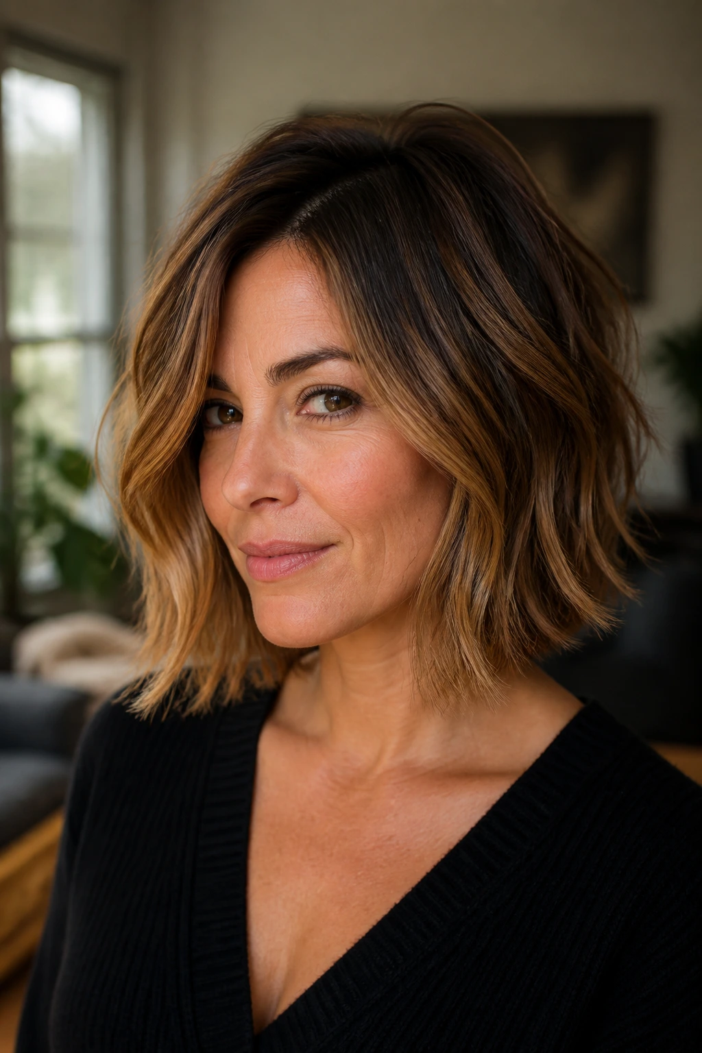 Close-up of a real woman with layered lob and caramel balayage