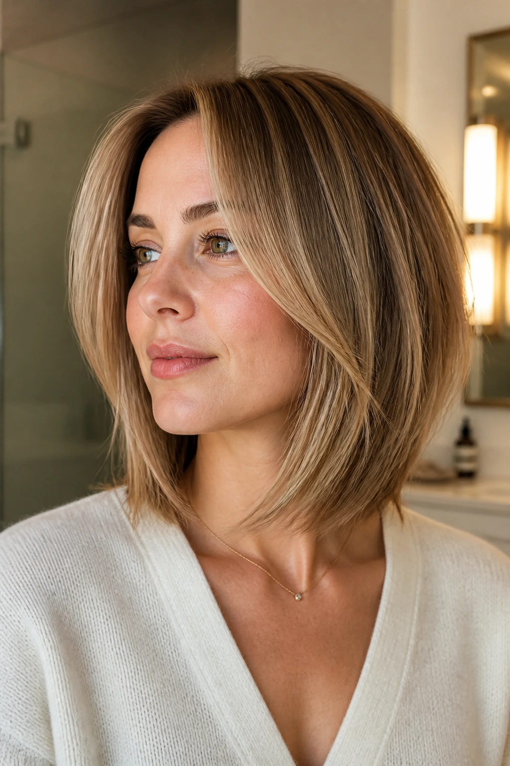 Real person with layered lob showing cheekbone-starting first layer and weighted perimeter under warm lighting.