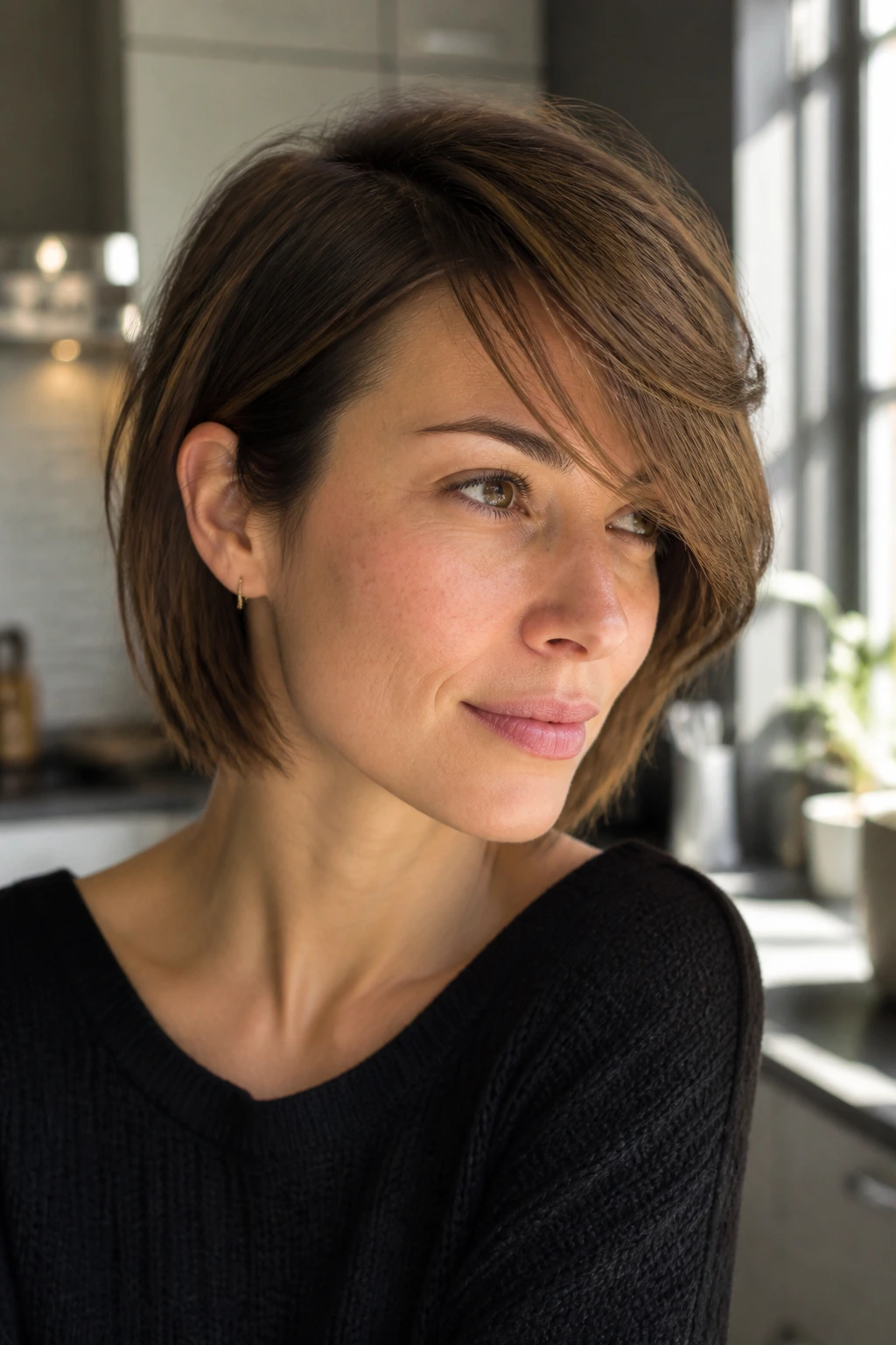 Close-up portrait of a real woman with layered lob and front sweep clipped behind the ear.
