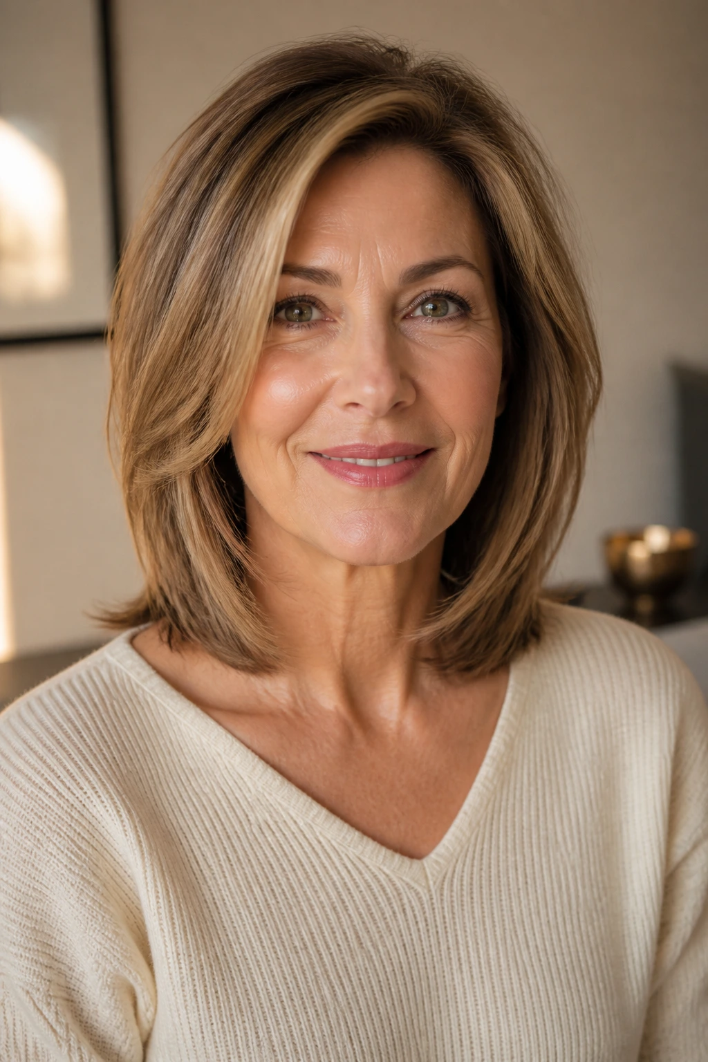 Woman with layered lob reaching collarbone in warm light