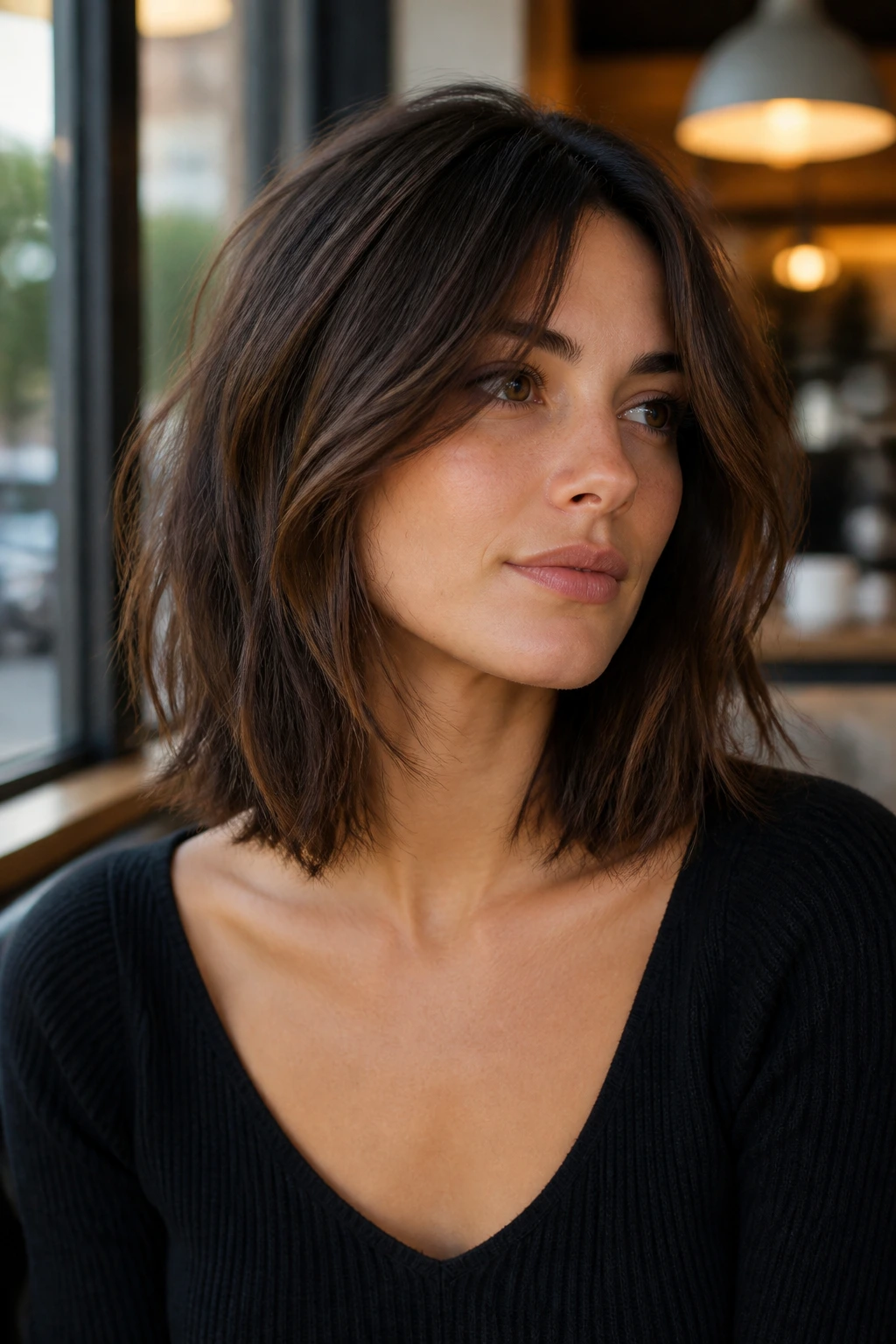 Close-up of real person with layered lob and piecey ends