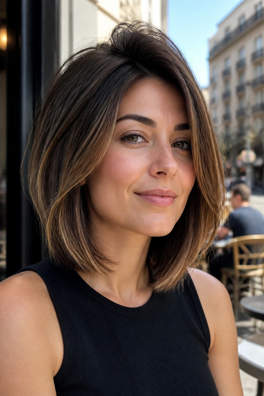 Real woman with layered lob and subtle crown lift.